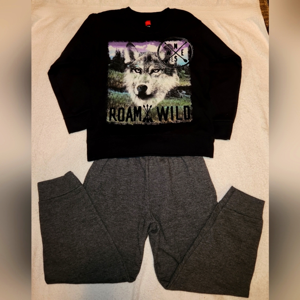 Boys Hanes Black Wolf Fleece Sweatshirt and Gray Fleece Sweatpants Size XS 4/5